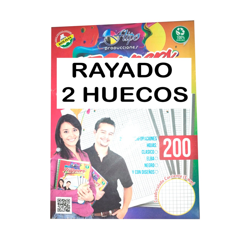 Hojas traper RAYADO blanco y negro Flipo 200hjs (2 Huecos)