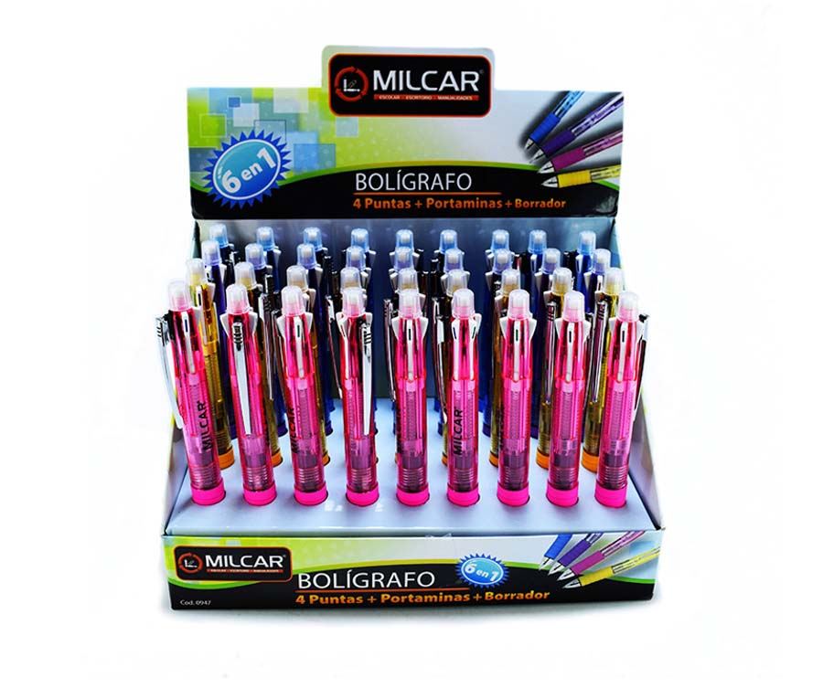 Boligrafo 4 puntas + portaminas + borrador Milcar 36pcs