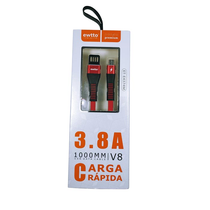 Cable usb datos y carga rapida V8 turbo de 3.8A, cod. E4374 Ewtto 1m