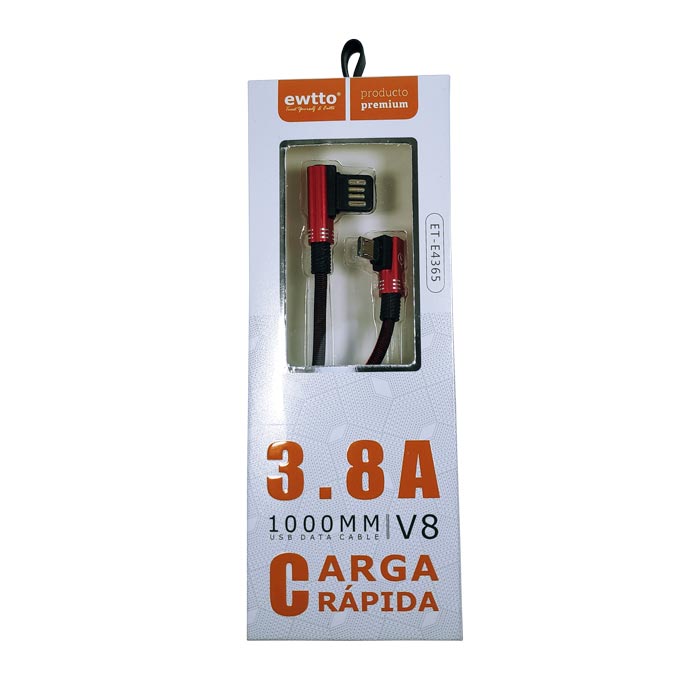 Cable usb datos y carga rapida V8 turbo en L de 3.8A, cod. ET-E4365 Ewtto 1m