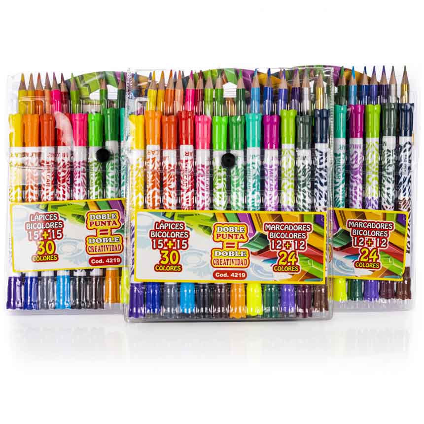 Colores y Marcadores Bicolores doblepunta 15 lapices y 12 marcadores MILCAR