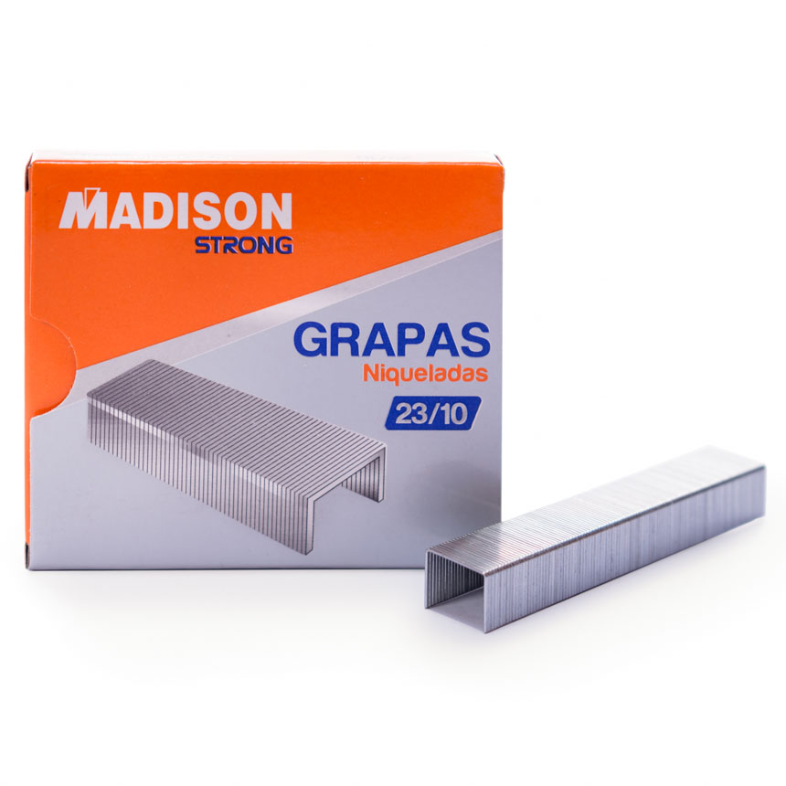 Grapas 23/10 Niqueladas STRONG MADISON 1000pcs. Capacidad 70 hjs. de 75 grs.