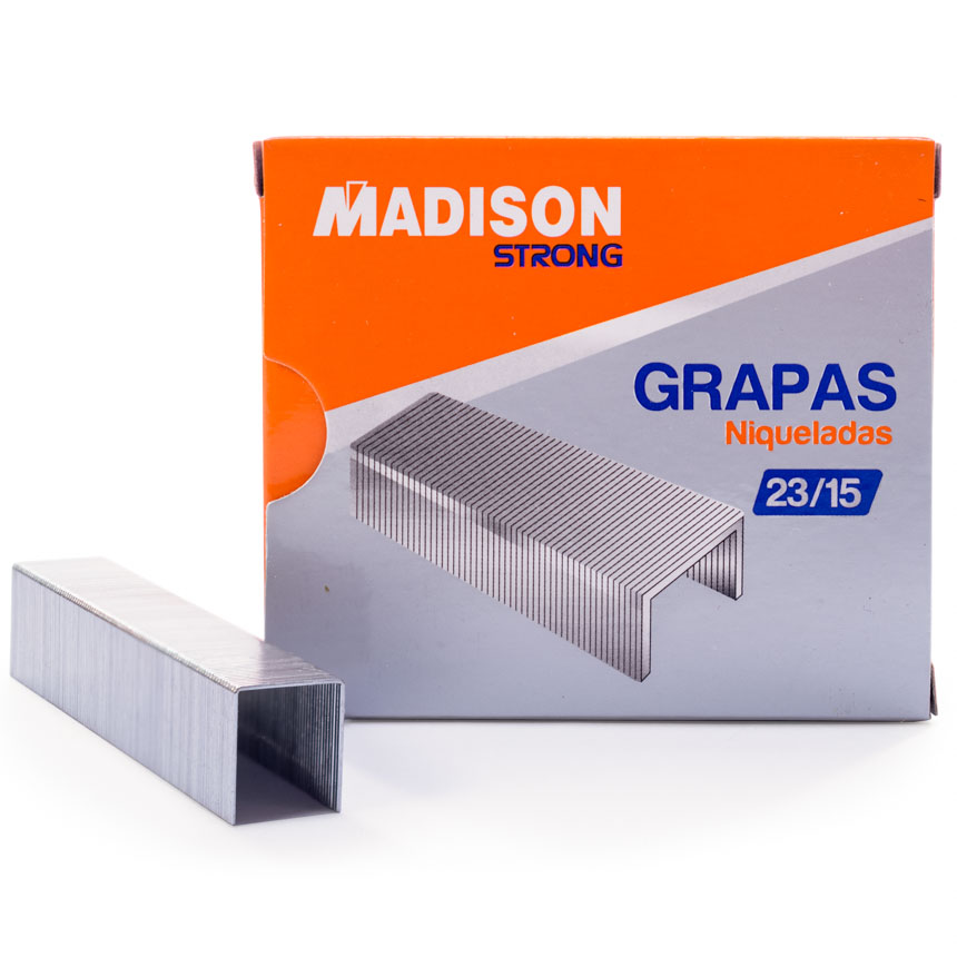 Grapas 23/15 Niqueladas STRONG MADISON 1000pcs. Capacidad 140 hjs. de 75 grs.