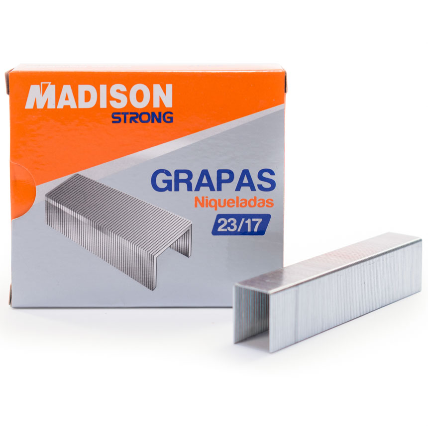 Grapas 23/17 Niqueladas STRONG MADISON 1000pcs. Capacidad 160 hjs. de 75 grs.