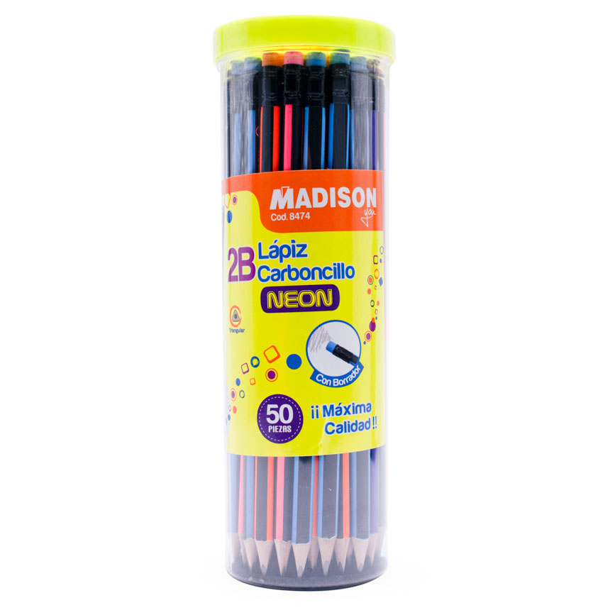 Lapiz Negro 2B Carboncillo con Borrador de Col. MADISON 50PCS