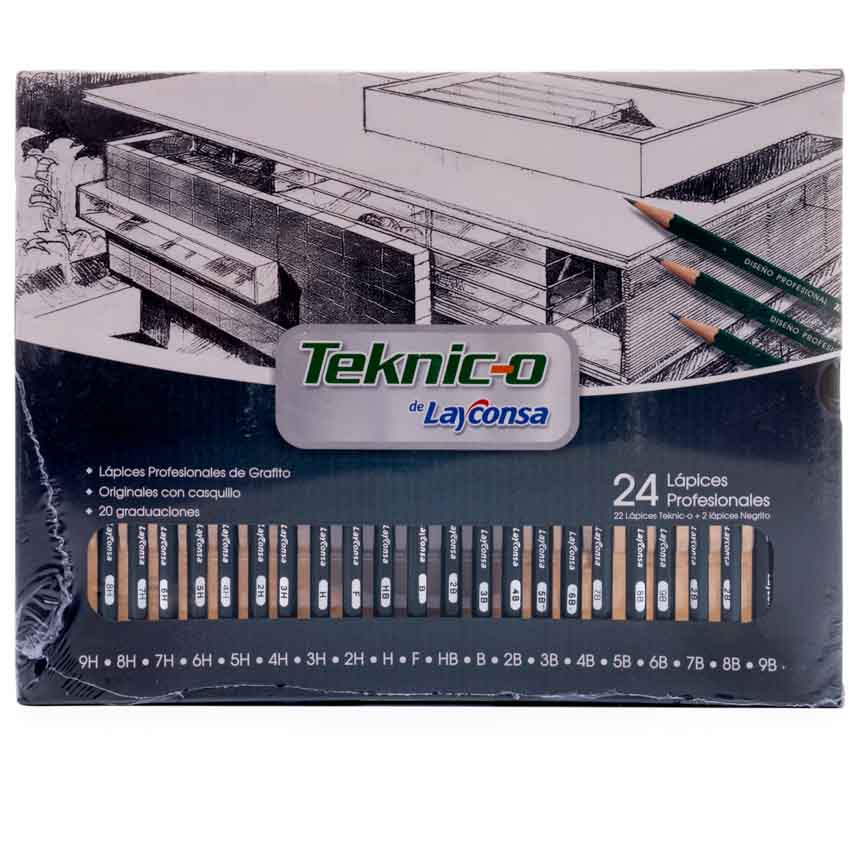 Lapiz profesionales de Grafito Teknico 9H, 8H ... 2H, H, F, HB, B ... 8B, 9B Layconsa  24pcs